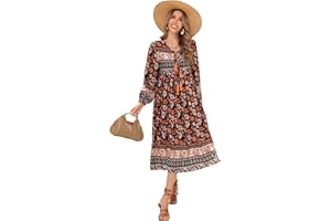 R.Vivimos Women's Casual Bohemian Print Neck Tie Long Sleeve Beach Style Long Midi Dress Vacation Dress
