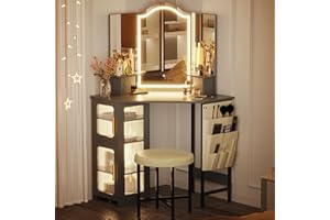 LVSOMT Angolare Toeletta trucco con Luci, LED Toletta da trucco con specchio, Toilette trucco con sgabello, Postazione trucco con funzione di ricarica, Toeletta trucco legno con 4 cassetti, Grigio