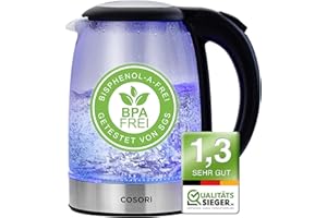 COSORI Wasserkocher Glas mit Upgrade Edelstahl Filter und Innendeckel, BPA Frei, 1,7 Liter, Kettle mit blau LED, Trockenaufsc