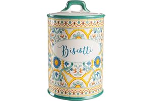 MONTEMAGGI BISCOTTIERA TAPPO ERMETICO IN CERAMICA DECORATO MAIOLICHE 13X13X20cm