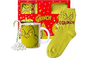 BEAMS INTERNATIONAL Grinch Hot Chocolate Gift Set - Featuring Grinch Mug for Kids or Adults, Includes Hot Chocolate Mix, Mini Marshmallows, Ceramic Mug and Fluffy Socks, Gifts for Boys & Girls, Christmas