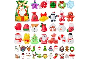 HOUT 24PCS Christmas Mochi Squishy Toys - Mini Stocking Stuffers Kawaii Fidget Party Toy Pack with 24 Stickers Drawstring Bags - Soft Squeezable Relieve Stress Party Bag Fillers for Girls Boys