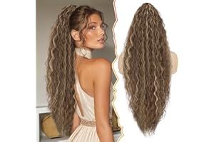 BARSDAR 76cm Longue Queue de Cheval Extnsion avec Cordon, Ondulée Synthétique Peigne Clip in Queue de Cheval Postiche pour Femmes Bohemian Naturel Ponytail Extension Cheveux - Brun avec Blond Miel