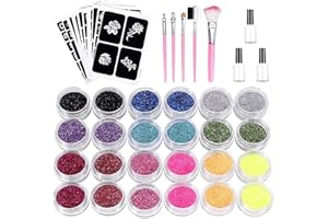 Glitzertattoos Set, Kastiny Wasserdicht Flash Glitzer Tattoo mit 24 Glitzertuben & 143 Schablonen, Temporäre Tattoos für Kinder, Teenager und Erwachsene