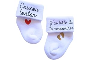 HANDMADE Chaussettes d'annonce surprise de grossesse pour bébé - thème j'ai hâte de te rencontrer (coucou tonton)