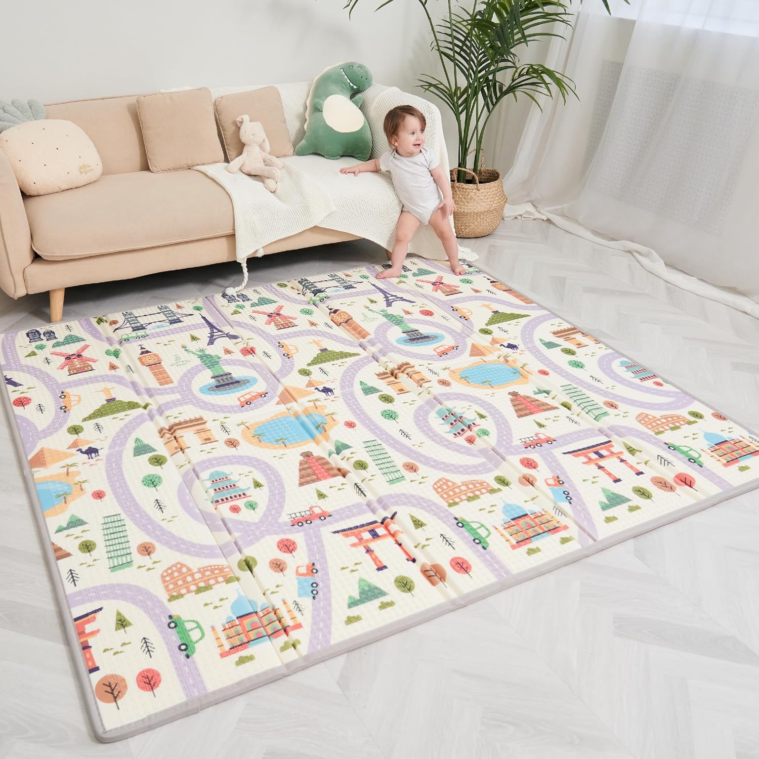 Alfombra Bebe Acolchada Plegable 180x200x1.5cm- Gimnasio Bebe - Manta De Juegos Bebe - Manta Actividades Bebe Impermeable Reversible - Tapete De Actividades Bebe - Gimnasio Infantil Bebe - Regalo Bebe