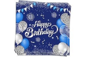 MORAINJAY Geburtstag Papierservietten, 20 Stück Blau mit Silber für Mädchen Junge Party, 16.5cm Quadrat Servietten, Party Deko
