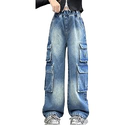 Pantalon Cargo Vintage Pour Ado Garçon/fille - Coupe Fluide, Taille élastique - Tissu Denim - Poches Et Broderie Fleur - 11