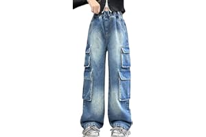 SEAUR Girls Jeans Baggy Denim Cargo Jogging Pants Pantaloni Larghi da Paracadutista per Bambini con Tasche Hip Hop