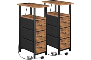 LOAKEKEL Slim Bedside Table Set of 2 with Charging Station, Narrow Side Table with 3 Fabric Drawers, End Table with Open Storage Shelf, Nightstand for Small Spaces, Living Room, Brown UHETNDP03BR
