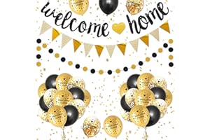 SWPEED Welcome Home Decorations,Welcome Home Banners Balloons Set,Black Gold Welcome Home Glitter Banner,Pennant Flag Bunting,Welcome Home Confetti Balloon,Round Garland for Home Family Boy Girl Baby Showers