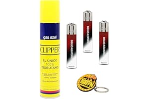 HIBRON Clipper 3 Mecheros + 1 Botella Gas Azul 300 ml + 1 Llavero, Gas Sirve para Recargar Soplete de Cocina