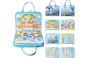 Achiyway Busy Board per Bambini, Giochi Montessori 1-4 Anni, Giocattoli Educativi Sensoriali con Puzzle, Parole, Date, Orologi, Giochi di Pesca, Pulsante Sonoro, Cerniere e Fibbie