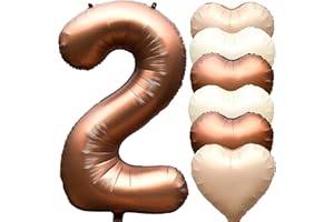 JARTTY Ballon Anniversaire 2 Ans Ballons Chiffre Numéro 2 Grand Marron 101 cm Avec 6 Coeur Ballons Gonflable Hélium Happy Birthday Decoration