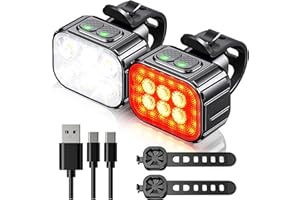 ASUNND Luci Bicicletta Kit，Luci Anteriori e Posteriori con Faretto & Flood，2 x 4+2 x 6 Modalità IP65 Impermeabile USB Ricaricabile，Design Doppio Interruttore，Ciclismo su Ctrada e Montagna e Campeggio