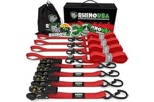 Rhino USA Ratchet Tie Down Straps (Set of 4) - 800 kg Max Break Strength, 2.5cm x 4.6m Tie Downs with Hooks (4pcs) - Strap for Ski Bike Furniture Moving & Securing Cargo - Red