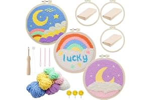 Allazone 3 Pz Kit de Arranque Punch Needle, Kit de Inicio de Bordado, Kit de Bordado Principiantes, Kit de Herramienta con Aros de Bordado, Tela Bordada, Hilos de Colores (Arco Iris y Luna)