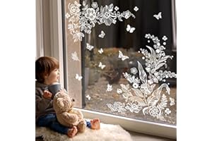 ‎SUPZONE Supzone Fensteraufkleber Weiße Blumen Schmetterlinge Fensterbilder Frühling Sommer Fenster Abziehbilder Sommer Frühling Anti-Kollision Fensterfolie Glastüren Fensterdeko Aufkleber