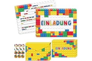 Betensh 12 Stück Bausteine Einladungskarten Kindergeburtstag Junge Mädchen, 15 x 10cm Geburtstagseinladungen Jungen mit Umschlag, Bausteine Partyeinladungen, Einladungskarten Jungs für Kinderparty
