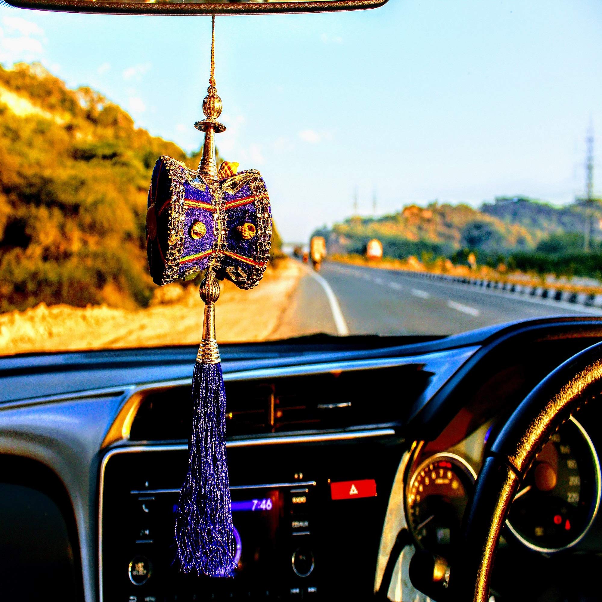 U & U UNIQUE UTILITIES Car Mirror Hanging Interior Decor Accessories,Velvet Cloth handmade Car Decoration Damru,7x6x6cm; Blue - Image 8