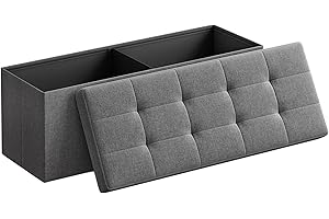 SONGMICS Mazie Colección - Puff Almacenaje, Banco Plegable, 38 x 110 x 38 cm, Taburete Reposapiés, Pie de Cama, Soporta hasta 300 kg, para Sala de Estar, Dormitorio, Entrada, Gris Oscuro LSF77K