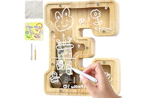 Lakpopya Hucha personalizable, transparente con letra de madera A-Z, área de destino, pegatinas y marcadores - decoración de regalo de bautizo (E)