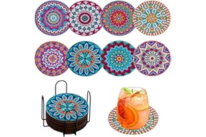 MRNSIET 8 Pcs Mandala Diamond Painting Coasters Kit with Holder,5D Full Round Drill Diamond Art Coasters for Adults Begainners,Mandala Gem Art Painting Craft Kits for Adults Supplies Gift.