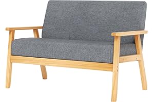 iropro Grey Sofa for Living Room Wood Furniture, 2 Seater Sofa Compact Loveseat Couch Lounge for Home Office, Linen Fabric Sofa Upholstered Seat Comfortable Padded Seat for Reception Bedroom