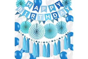 BOMICLSS Birthday Decoration for Boys Men Blue Birthday Party Decorations HAPPY BIRTHDAY Banner Triangular pennants Paper Tassel Hanging Paper Fans Circle Paper Garland Party Balloons (Blue)