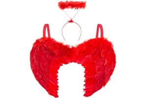 REDSTAR FANCY DRESS Red Angel Wings and Halo Band – Women’s Fairy Costume - Wings with Large Feathers and Red Halo Headband for Dress Up - Adult Fancy Dress Costume for Carnival/Halloween Party