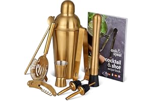 OS OAK & STEEL ENGLAND 10 Piezas Kit de Coctelería Dorado - Juego Completo de Regalo Bar con Coctelera de Acero Inoxidable, Vertedor y Mezclador- Set de Regalo para Entusiastas y Cantineros Profesionales