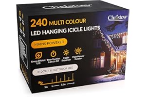 CHRISTOW Hanging Icicle Christmas Lights, 240 Multi Coloured LED, 7.5m Lit Length, Indoor & Outdoor, Mains Powered with Timer, 8 Flash Lighting Modes with Memory, Fairy String Light Xmas Decorations
