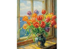 Tucocoo Kit de pintura por números de florero de tulipanes, lienzo de 16 x 20 pulgadas, pintura al óleo digital para adultos con pinceles y pigmento acrílico, obra de arte rústica de flores