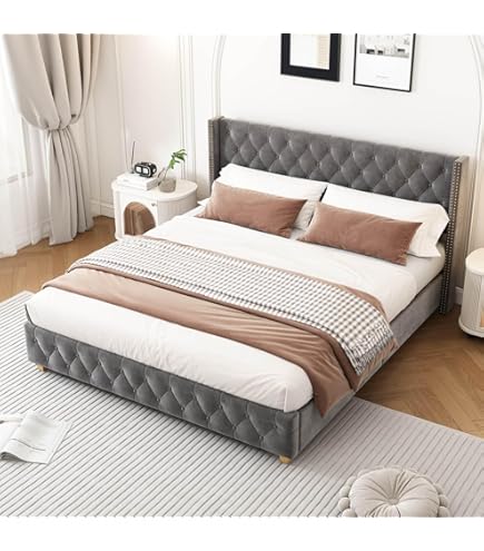 Lit Rembourré 180x200 Cm En Velours Avec Tête De Lit Ondulée – Pieds Cylindriques, Sommier à Lattes – Design Moderne