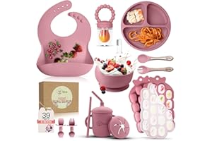 O'doe Baby Weaning Set - 15-Piece Silicone Feeding Set with Suction Cup, Bowl, Bib, Sippy Cup, Fruit Feeder, Freezer Tray, Baby Plate and Bowls Set, Pink, BPA-Free, 6M+