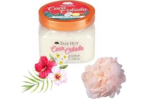 PROSPERINA Coco Colada Body Scrub Bundle: includes Tree Hut Shea Sugar Scrub Coco Colada 18 oz +1 Eco Friendly Pouf colours vary pink, gray, off-white, light green) Exfoliating, Hydrating, Renovating