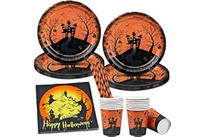 AMJKEJI Halloween Stoviglie per Feste, 68 Pezzi Halloween Stoviglie Usa e Getta, 9 Pollici Piatti, Bicchieri di Carta, Cannucce, Tovaglioli Stoviglie Set per 16 Ospitis Compleanno, Matrimonio, Festa