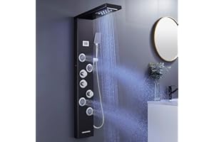 KEOKBON Duschpaneel Regendusche Edelstahl Schwarz mit LED-Lichter,5 Funktionen Duschsystem mit Handbrause, Massagedusche und Wasserfall Dusche