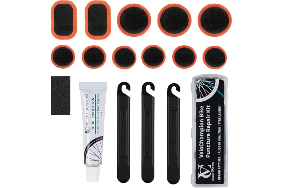 VeloChampion Glue Bike Tyre Puncture Repair Kit with Vulcanising Rubber Solution and Storage Case for All Bicycles; Road, Mountain, Commuter Bikes. 11 Repair Patches. 3 Tyre Levers