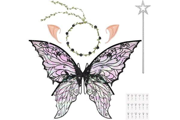 DiULi Fairy Wings, barn fjärilsvingar cape fe ängel prinsessa kostym älvor vingar set med stavar kronöron älvor blomma pannband diamantklistermärke för halloween födelsedag jul del