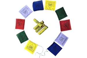 SIESTA Mini bandiere tibetane da preghiera – 5 confezioni di mini bandiere di preghiera, 10 bandiere per corda, cotone stampato a mano, design tradizionale a blocchi, fatte a mano in Nepal