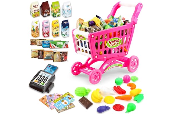 deAO Caddy de Course Comprenant 78 Produits d'épicerie, Fruits, légumes, Accessoires de Magasin Jouet (Rose)