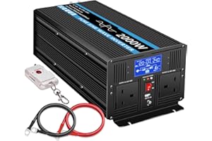 JIGUUN 2000W Pure Sine Wave Inverter, 4000W Peak 12V DC to 240V AC Converter with 30A Charger and Mains Priority and UPS Function, 2 UK Sockets, Wireless Remote Control and LCD Display