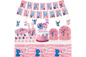 DEKEWE 94PCS Ensemble Vaisselle Fête Kit, Kit Anniversaire Stitch avec Assiette Gobelet Nappe Décoration Gateau Birthday Bannièr, Deco Anniversaire pour 10 Personnes