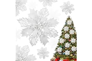 Shining She 10pcs Christmas Glitter Poinsettia Flowers Ornament, 15CM/5.9inch Large Artificial Christmas Flowers for Xmas Party Decoration, Xmas Tree Ornaments Decor, White