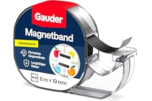 ‎GAUDER GAUDER Magnetband im Spender - Selbstklebender Magnetstreifen im Abroller für leichte Gegenstände - Zuschneidbares Magnetklebeband zum Befestigen von Postkarten & Fotos auf Metallflächen (6 m x 19 mm)