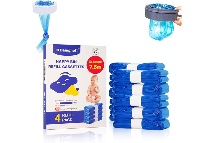 Nappy Bin Refills, 7.5m Extra-Long Diaper Pail Bags Compatible with Tommee Tippee Twist & Click and Sangenic TEC Bins, Multi-Layer Odour-Blocking Refill Liners for Nappy Disposal (4Packs)