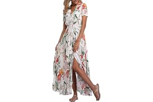 VOGMATE Femme Robe Chic Longue Col V à Fleur Manches Courtes en Coton Robe Maxi de Plage D'été Casual (S-2XL)