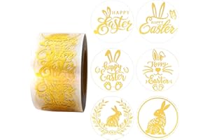 Masper 3.8cm/600 Sheets Easter Stickers, 6 Clear Gold Designs of Happy Easter Bunny Stickers for Crafts Presents Kids Card Making Envelopes