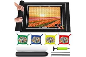 TNOMSNO Tapis Puzzle 1500 Pièces, Rouleau Feutre Portable avec 4 Trieurs de Puzzle, Tapis de Rangement pour Puzzle